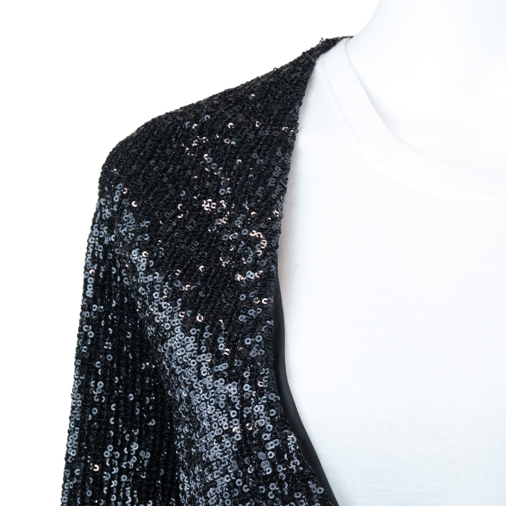 Maje Long Sleeve V Neck Black Sequin Cropped Jacket