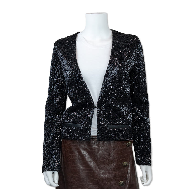 Maje Long Sleeve V Neck Black Sequin Cropped Jacket