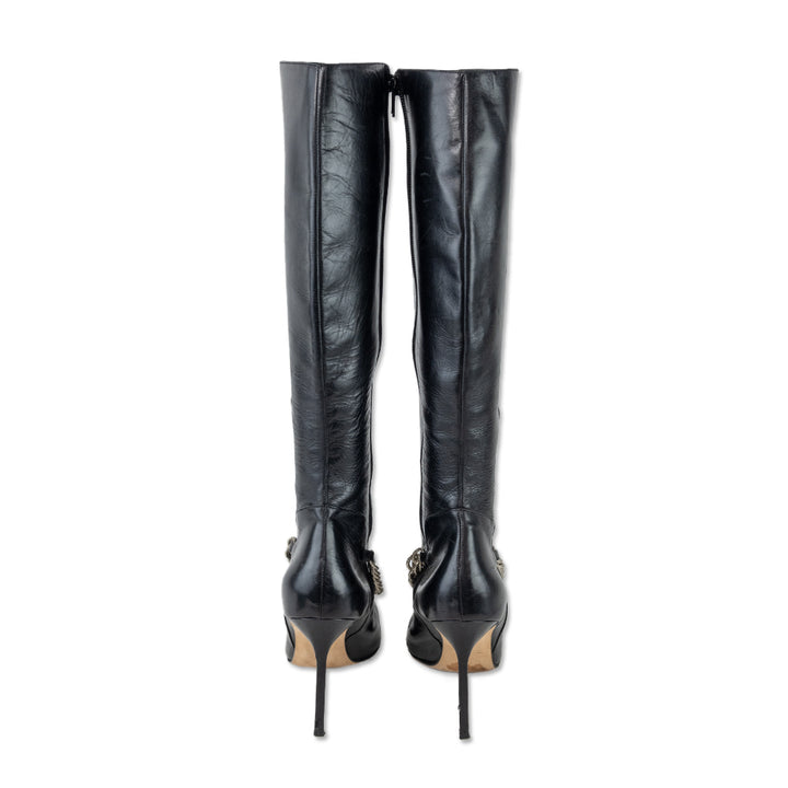 Manolo Blahnik Black Leather Chain Knee High Boots