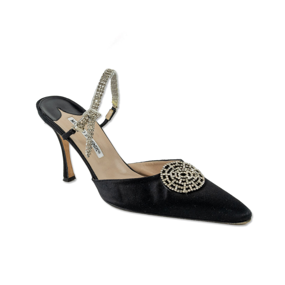 Manolo Blahnik Black Satin Crystal Buckle Slingback Pumps