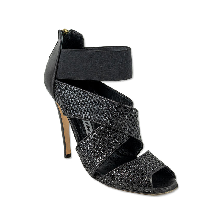 Manolo Blahnik Black Woven Ankle Sandals