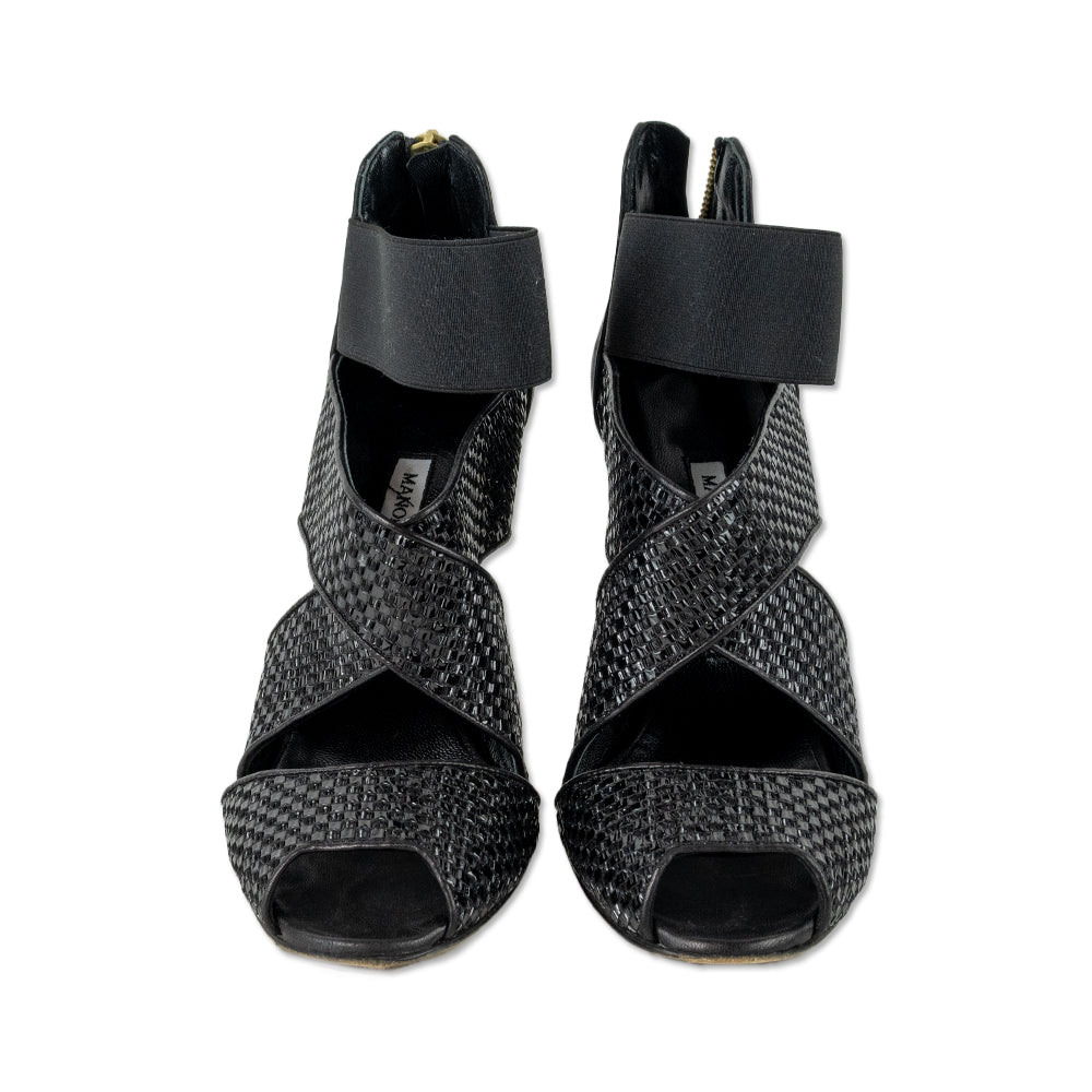 Manolo Blahnik Black Woven Ankle Sandals