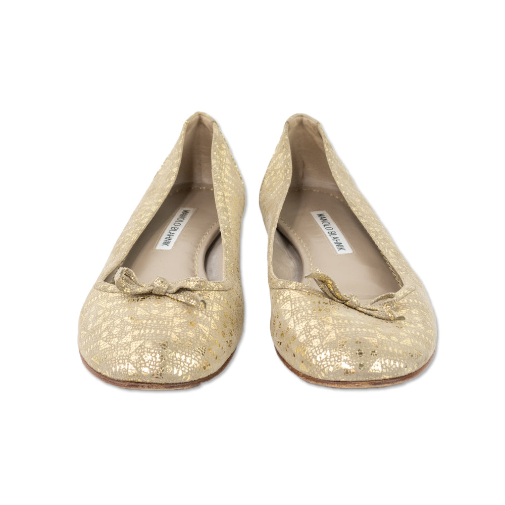 Manolo Blahnik Gold Metallic Printed Ballet Flats