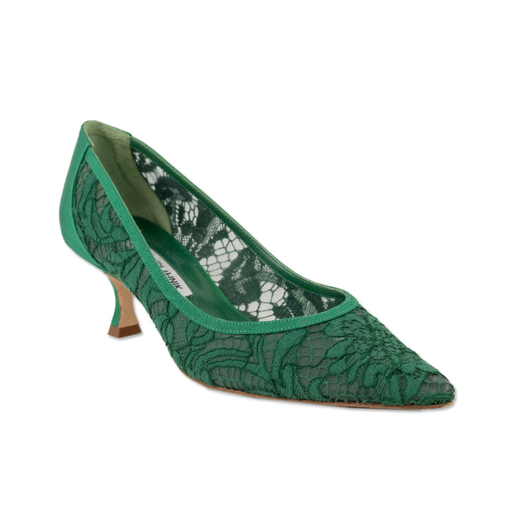 Manolo Blahnik Green Lace Kitten Heel Pumps