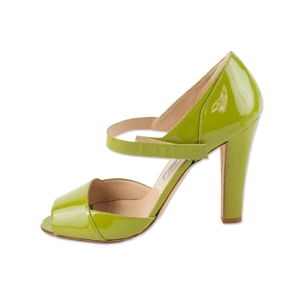 Manolo Blahnik Green Patent Leather Open Toe Heels