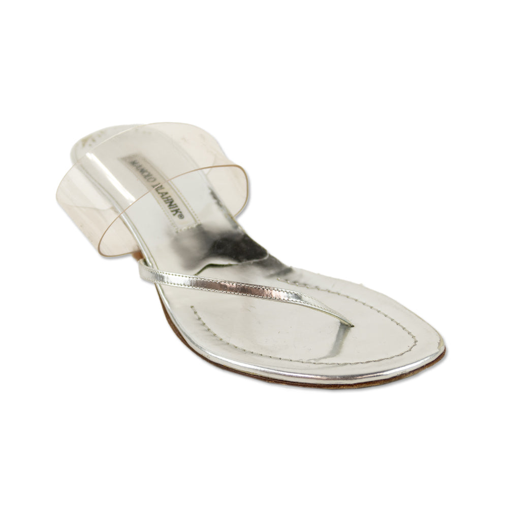 Manolo Blahnik Metallic Silver Leather PVC Sandals