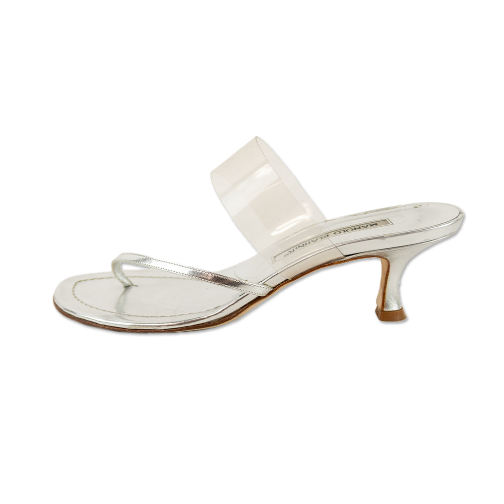 Manolo Blahnik Metallic Silver Leather PVC Sandals