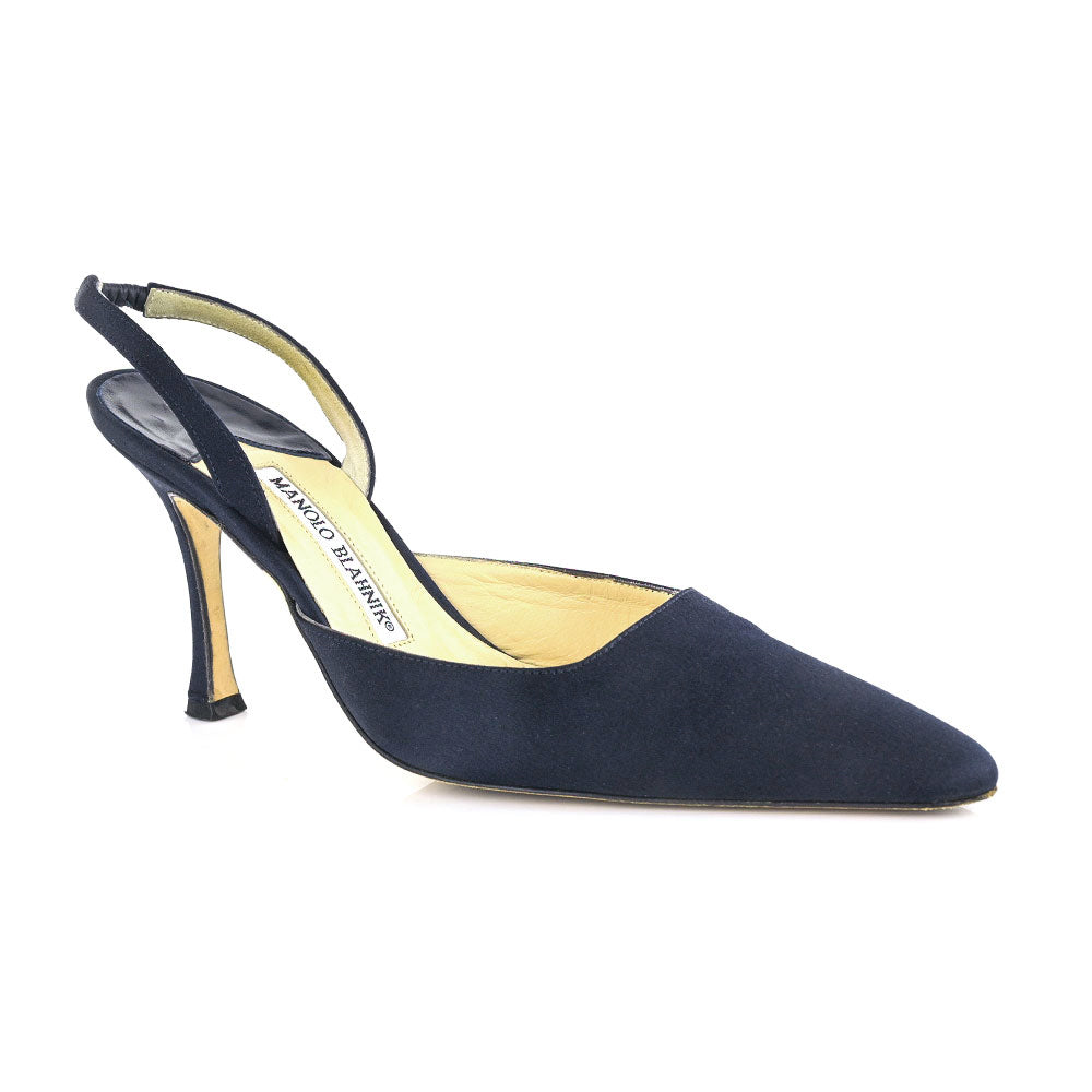 Manolo Blahnik Navy Satin Slingback Pumps