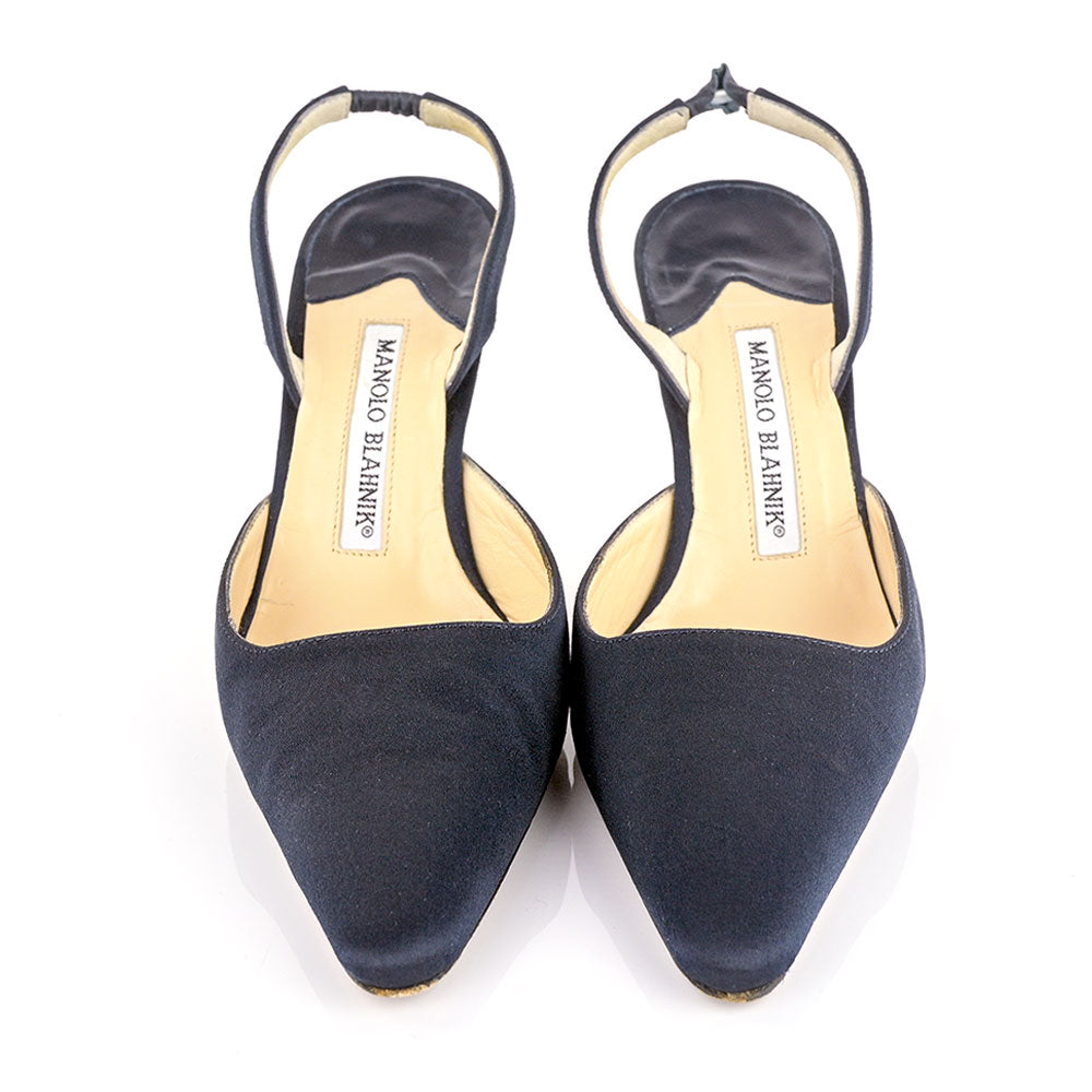 Manolo Blahnik Navy Satin Slingback Pumps