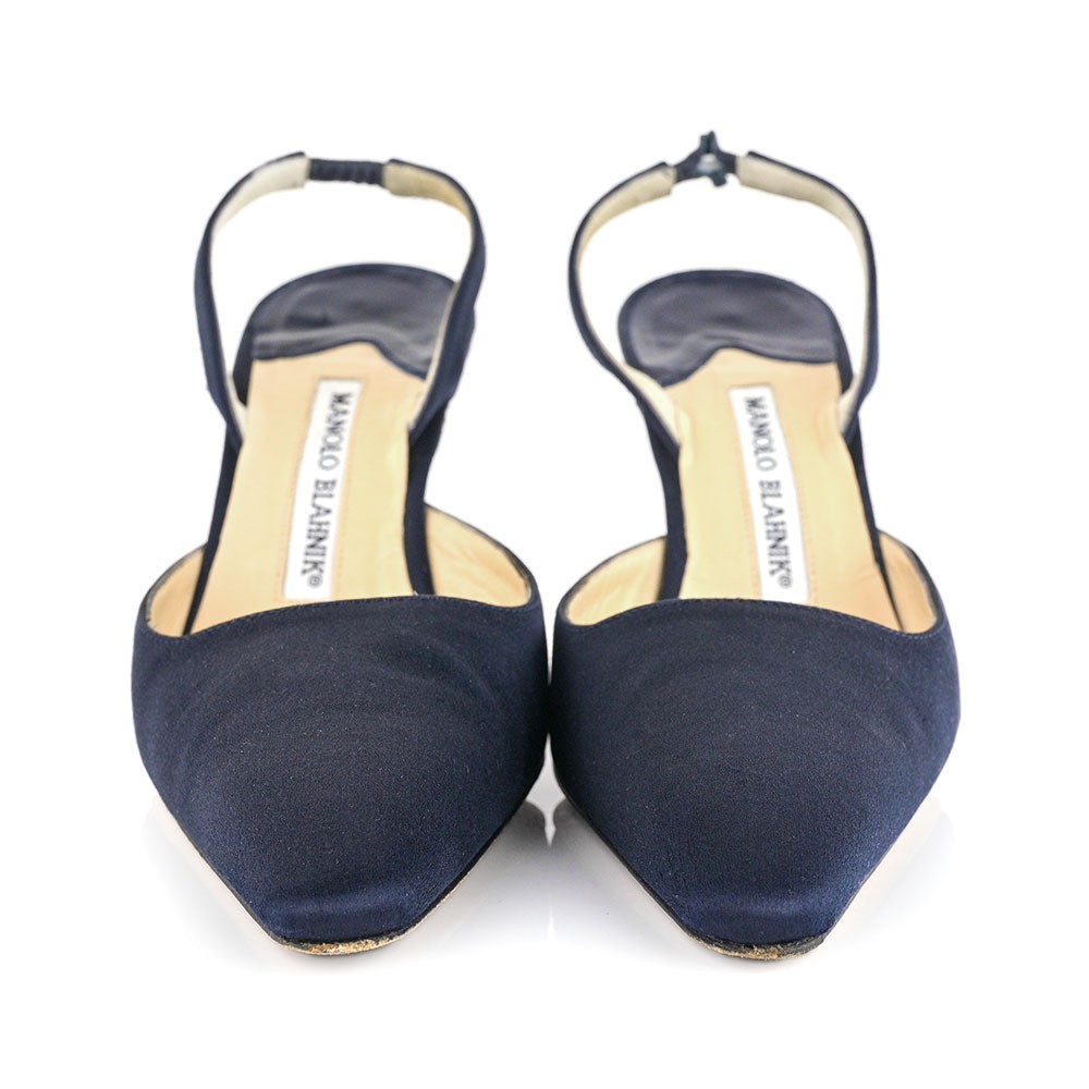 Manolo Blahnik Navy Satin Slingback Pumps