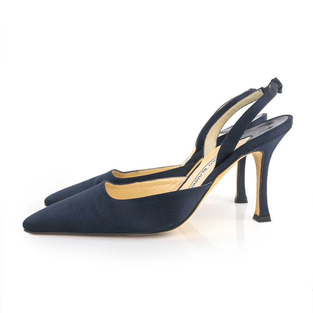 Manolo Blahnik Navy Satin Slingback Pumps