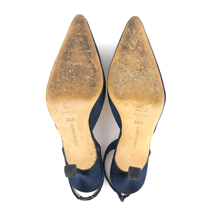 Manolo Blahnik Navy Satin Slingback Pumps