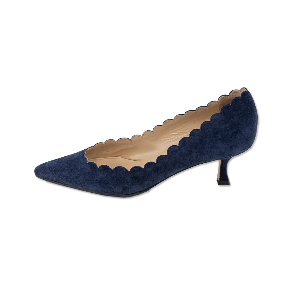 Manolo Blahnik Navy Scalloped Hem Kitten Heels