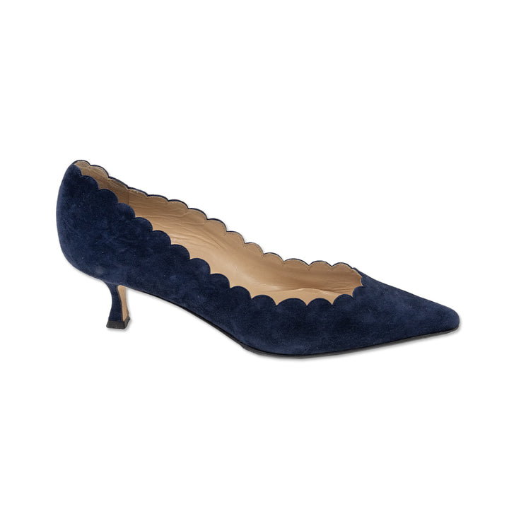 Manolo Blahnik Navy Scalloped Hem Kitten Heels