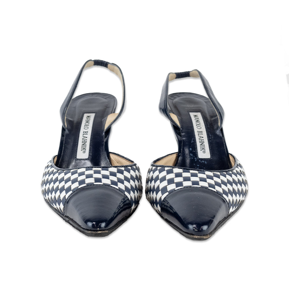 Manolo Blahnik Navy and White Checkered Leather Kitten Heels