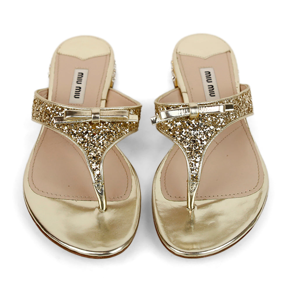 Miu Miu Gold Leather Glitter Thong Sandals