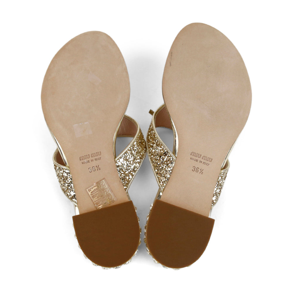 Miu Miu Gold Leather Glitter Thong Sandals