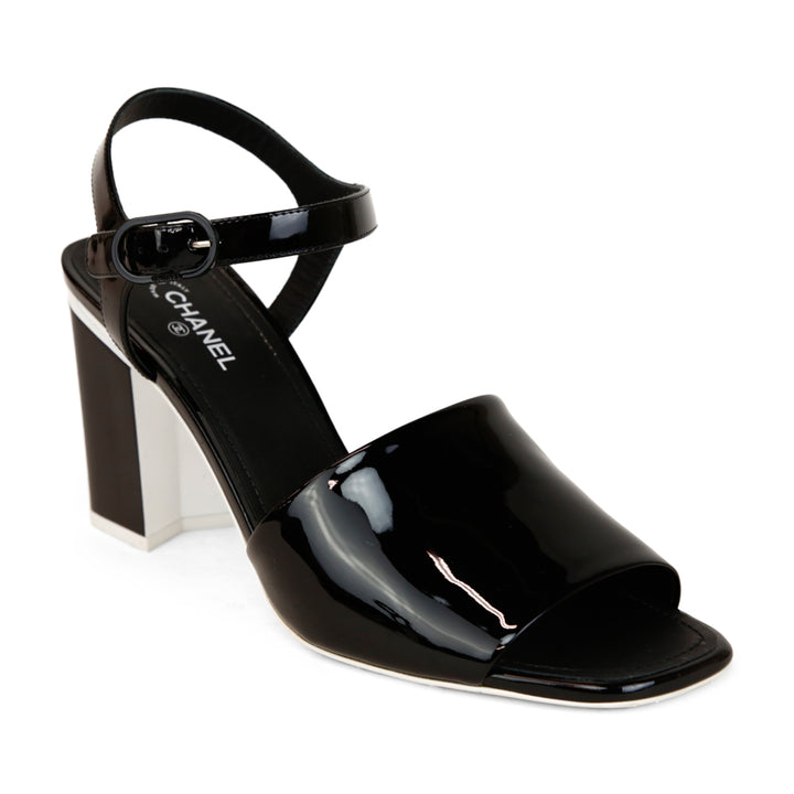 Chanel Black & White Patent Leather Block Heel Sandals