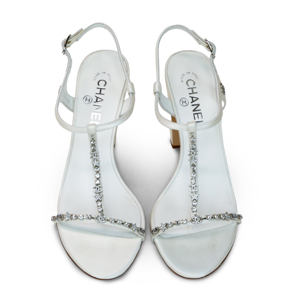 Chanel White Satin Crystal Embellished T-Strap Sandals