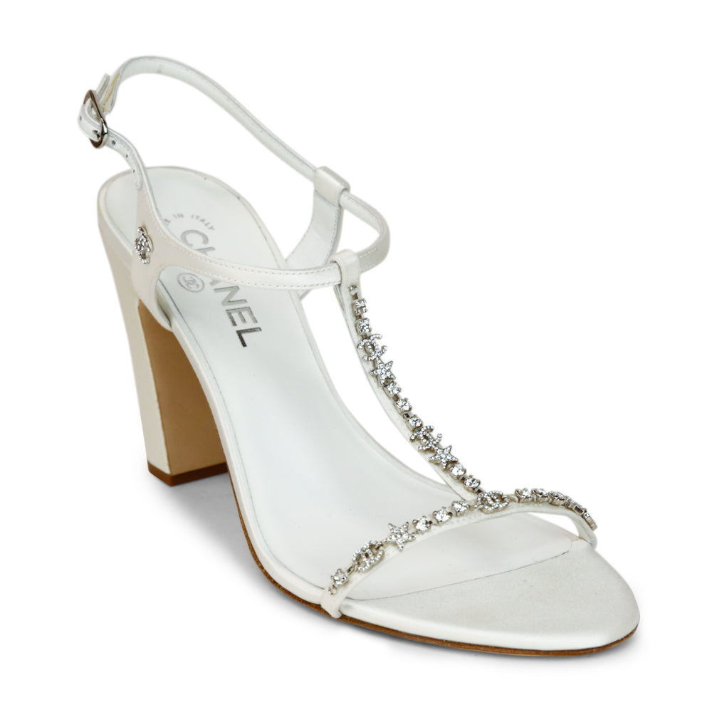 Chanel White Satin Crystal Embellished T-Strap Sandals