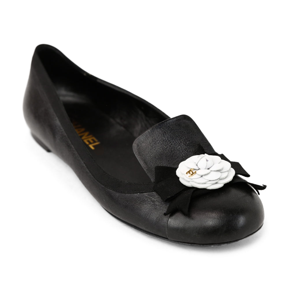 Chanel Black Leather Camellia Ballet Flats