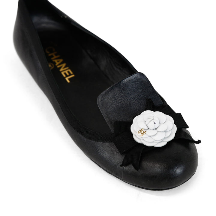 Chanel Black Leather Camellia Ballet Flats