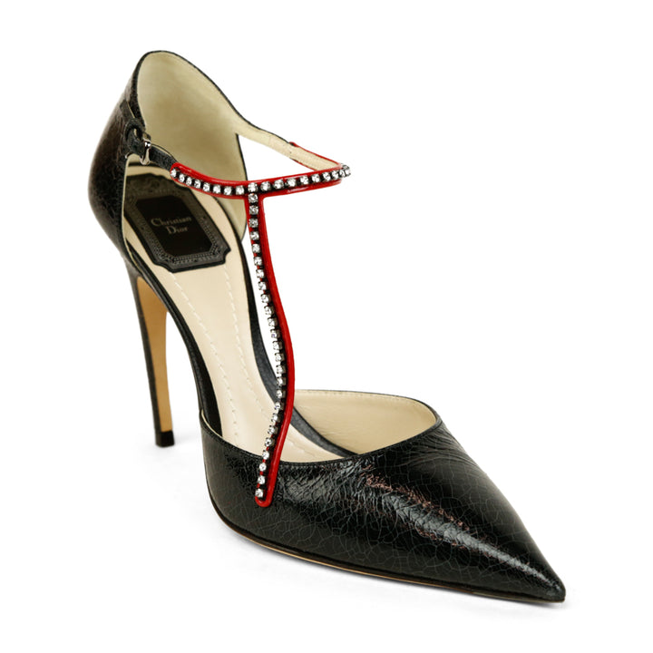 Christian Dior Black Crackled Leather Crystal Strap Pumps