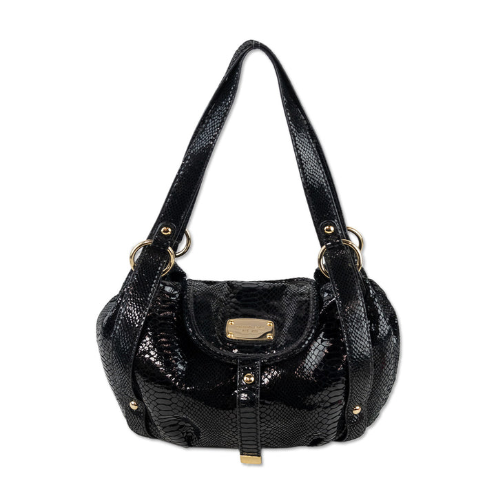 Michael Kors Black Snakeskin Embossed Patent Leather Large Shoulder Tote