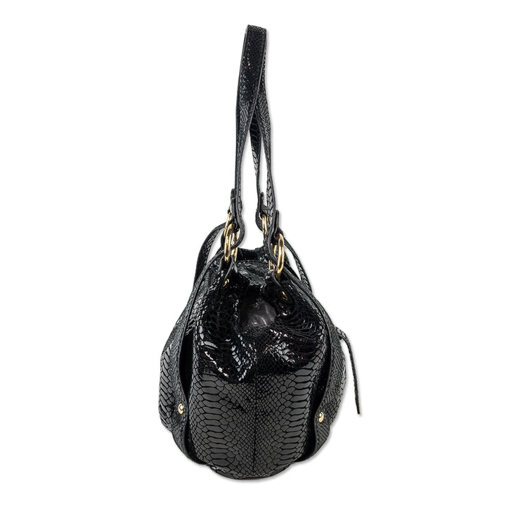 Michael Kors Black Snakeskin Embossed Patent Leather Large Shoulder Tote