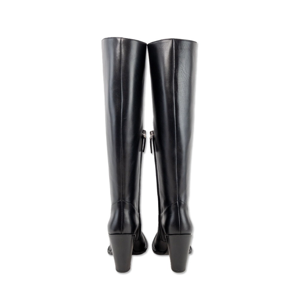 Michael Kors Collection Gwen Runway Black Leather Knee High Cowboy Boots