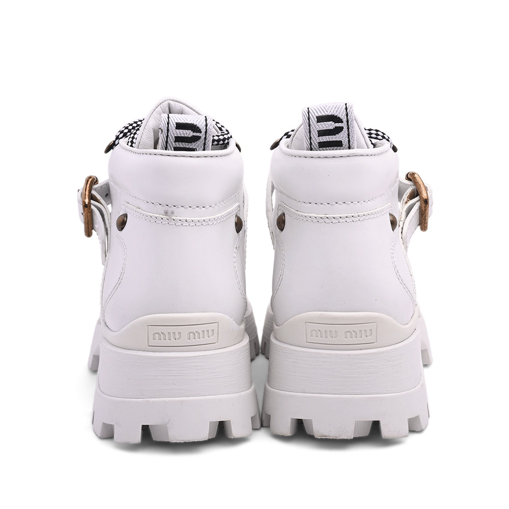 Miu Miu White Leather Ridged Sole Hiker Boots