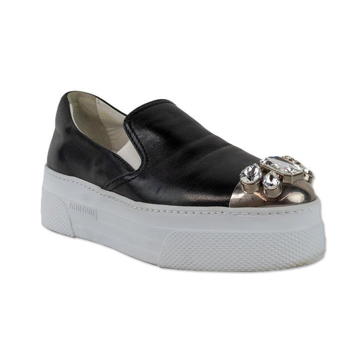 Miu Miu Black Leather Crystal Silver Cap Toe Slip On Sneakers