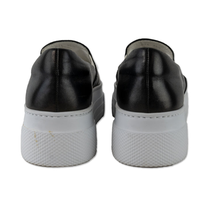 Miu Miu Black Leather Crystal Silver Cap Toe Slip On Sneakers