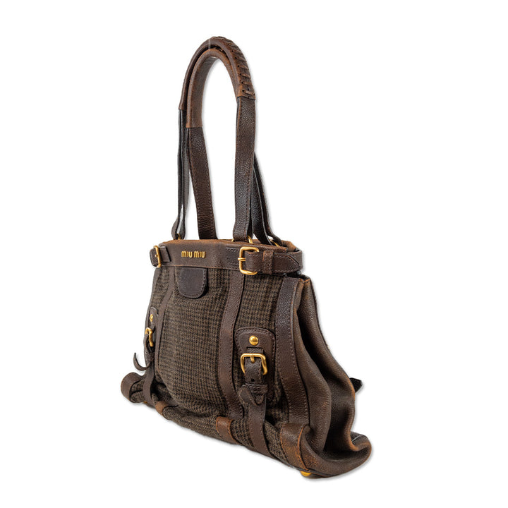 Miu Miu Brown Tweed Leather Trim Top Handle Bag