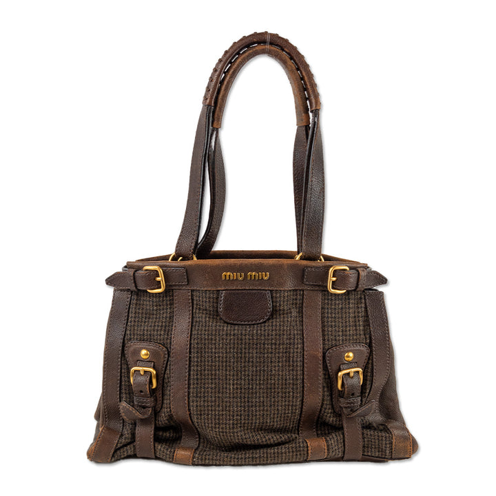 Miu Miu Brown Tweed Leather Trim Top Handle Bag