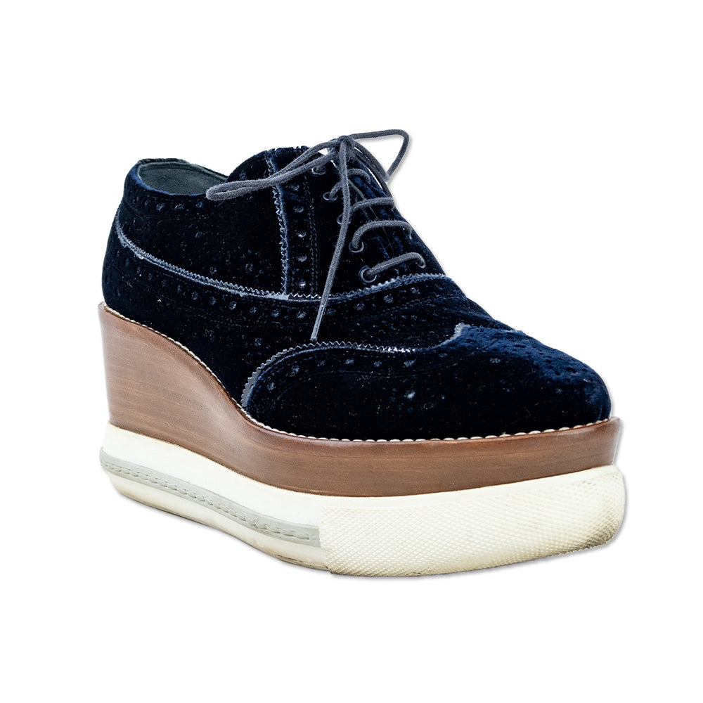 Miu Miu Navy Velvet Wingtip Wedge Platform Oxford Shoes