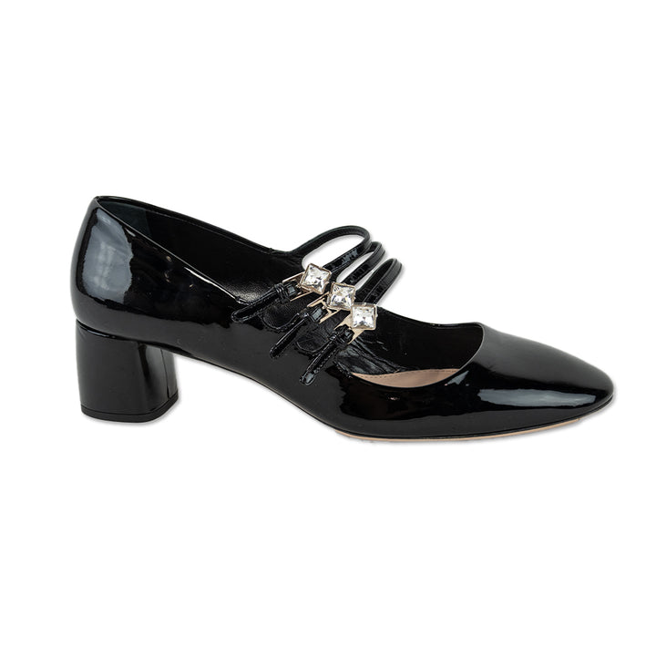 Miu Miu Patent Leather Crystal Accent Mary Jane Pumps