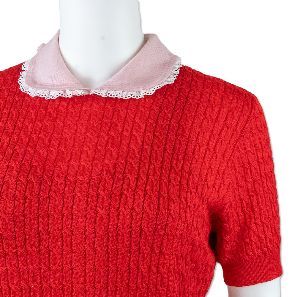 Miu Miu Red Cable Knit Tee with a Lace Trimmed Collar