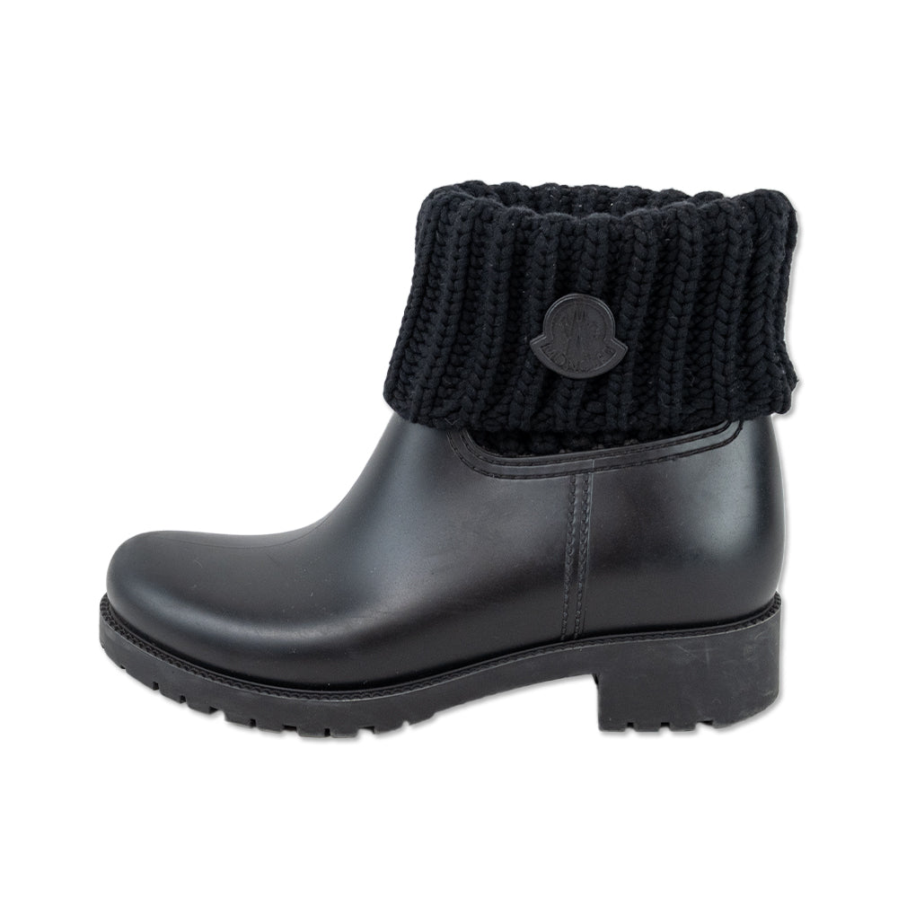 Moncler Ginette Black Ribbed-Knit Cuff Rain Boots