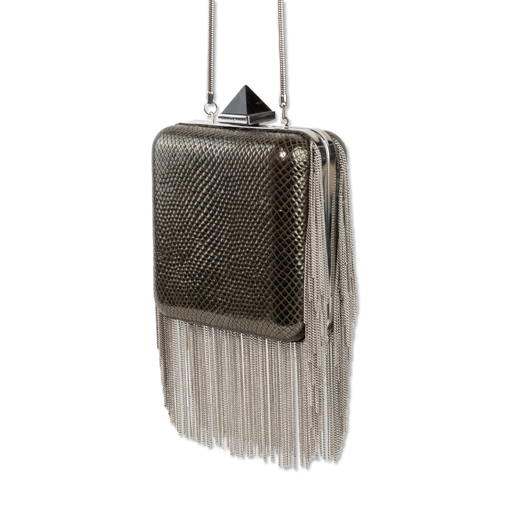 Monika Chiang Gray Snake Skin Embossed Leather Crossbody with Silver Chain Fringe