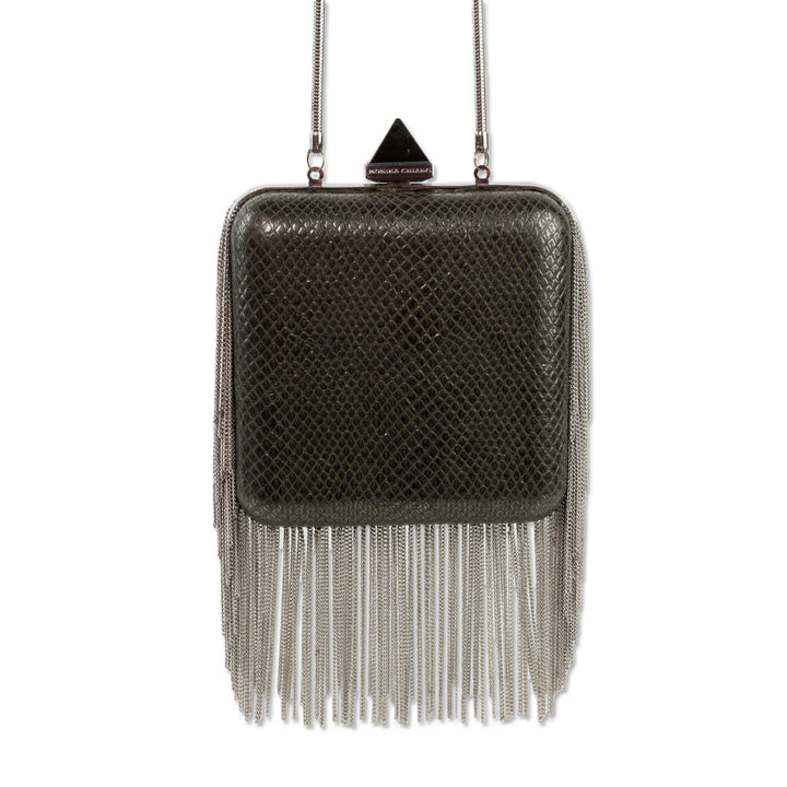 Monika Chiang Gray Snake Skin Embossed Leather Crossbody with Silver Chain Fringe