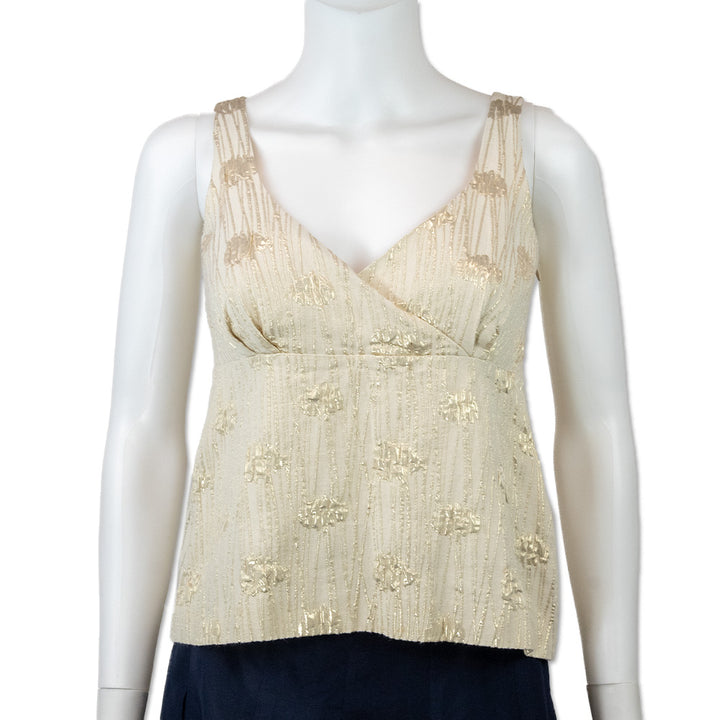 Moschino Cheap and Chic Sleeveless V-Neck White Gold Floral Brocade Blouse