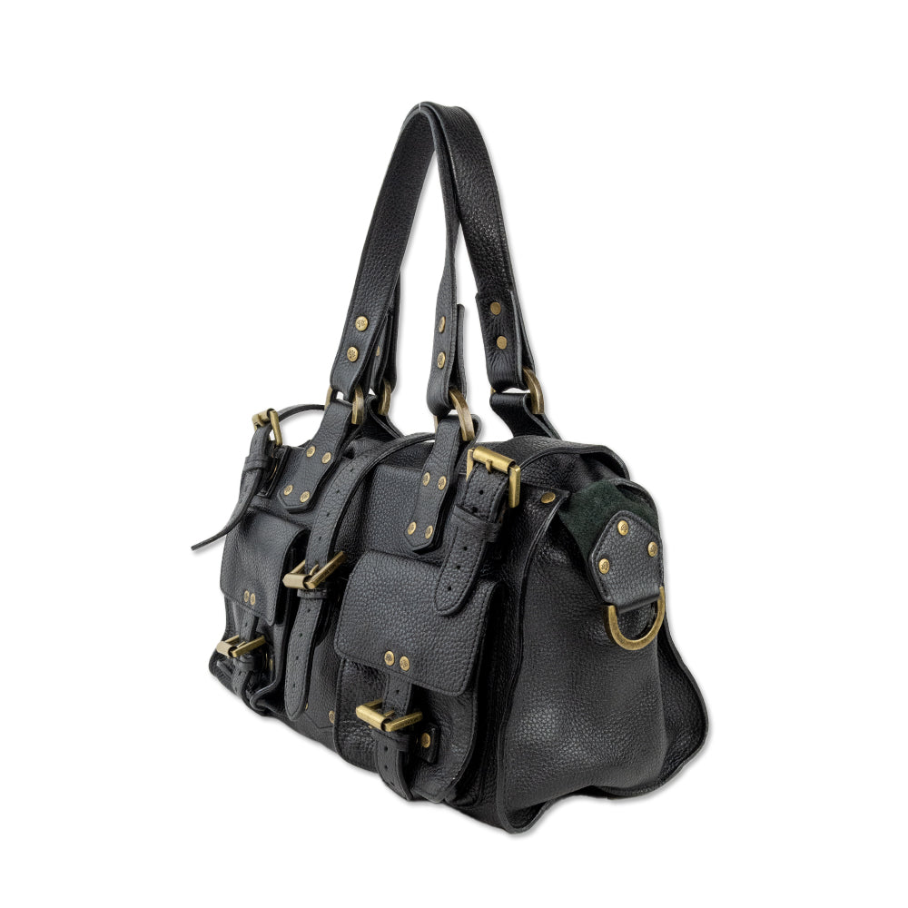 Mulberry Black Leather Shoulder Bag with Exterior Pockets and Brass Toned Hardware