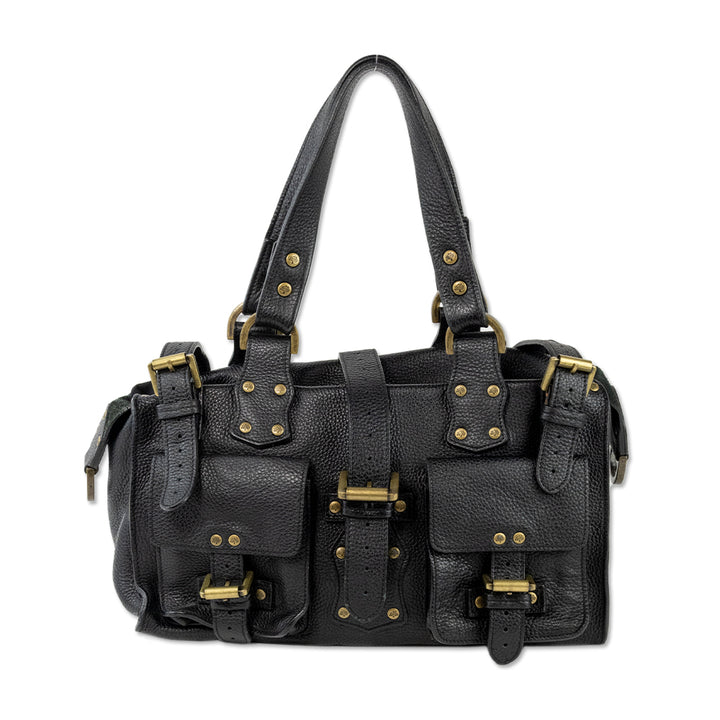 Mulberry Black Leather Shoulder Bag with Exterior Pockets and Brass Toned Hardware