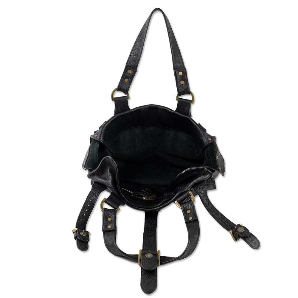 Mulberry Black Leather Shoulder Bag with Exterior Pockets and Brass Toned Hardware