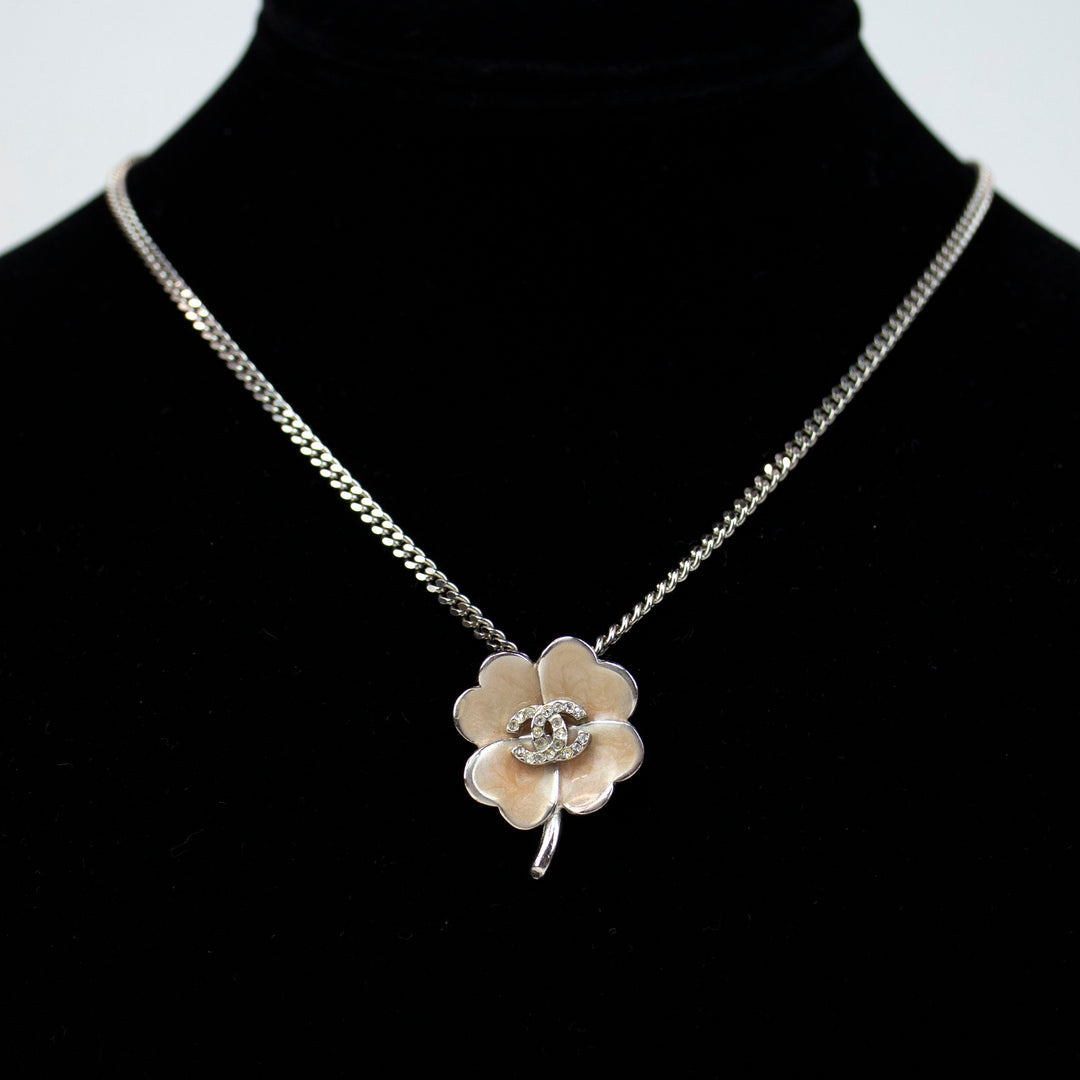 Chanel Sterling Silver & Enamel Strass Clover Pendant Necklace