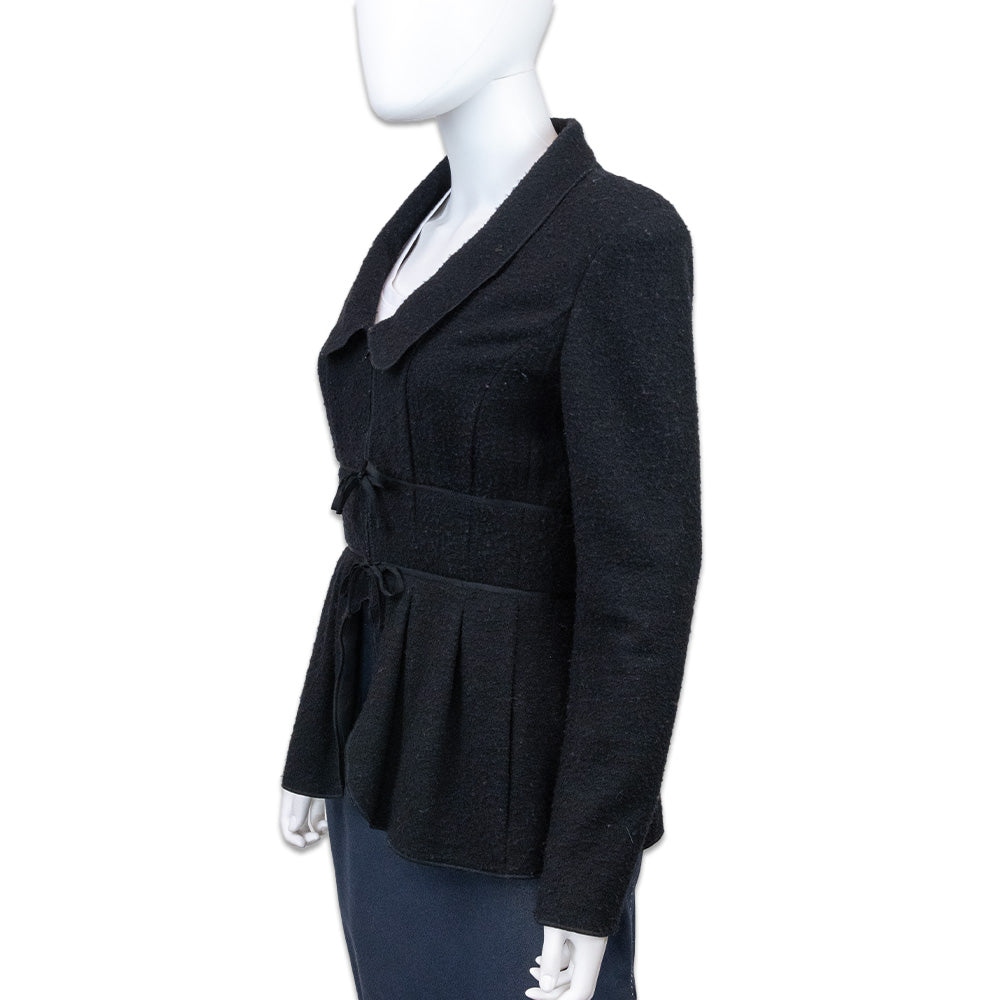 Oscar de la Renta Black Wool-Blend Collared Peplum Jacket