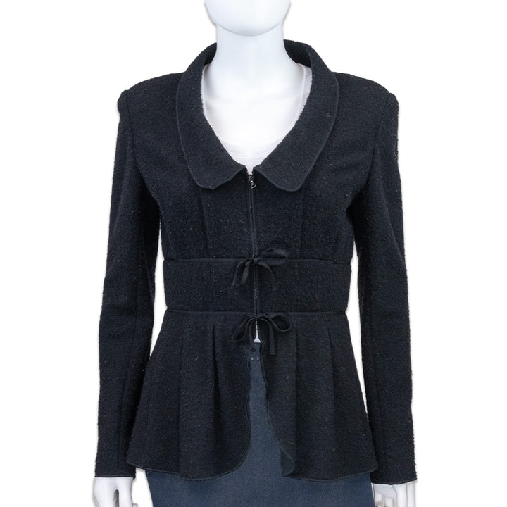 Oscar de la Renta Black Wool-Blend Collared Peplum Jacket