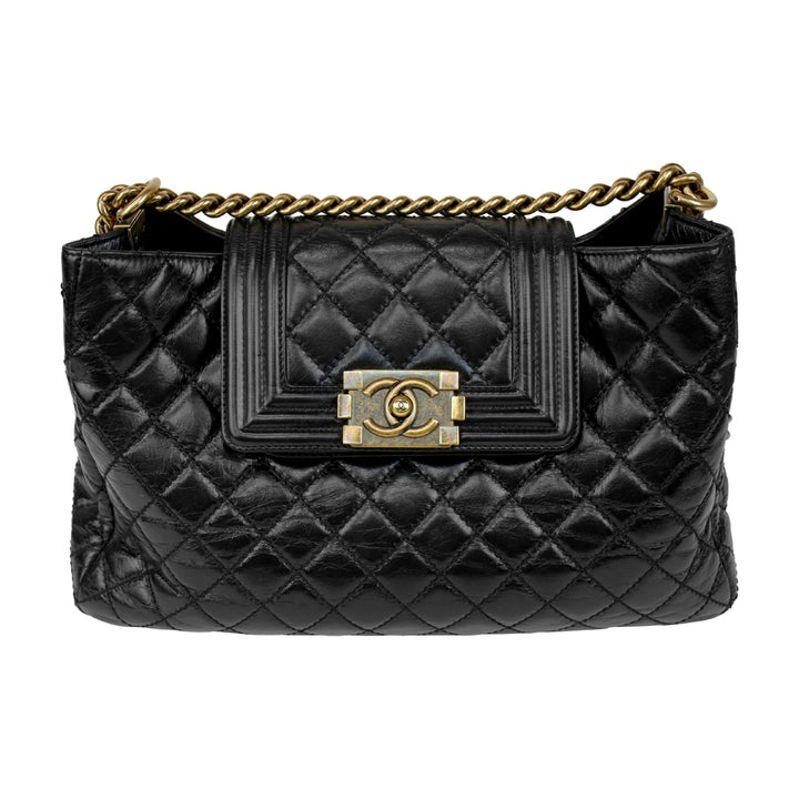 Chanel Black Quilted Boy Front Pocket Shopping Tote Bag