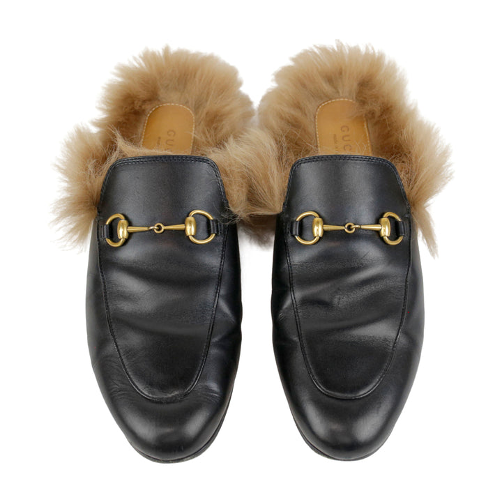 Gucci Princetown Black Leather Fur Mules